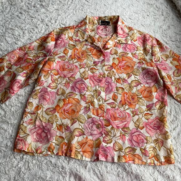 Vintage 70s pink roses print floral 1/2 sleeve blouse button-down top‎ rose L - Picture 8 of 17